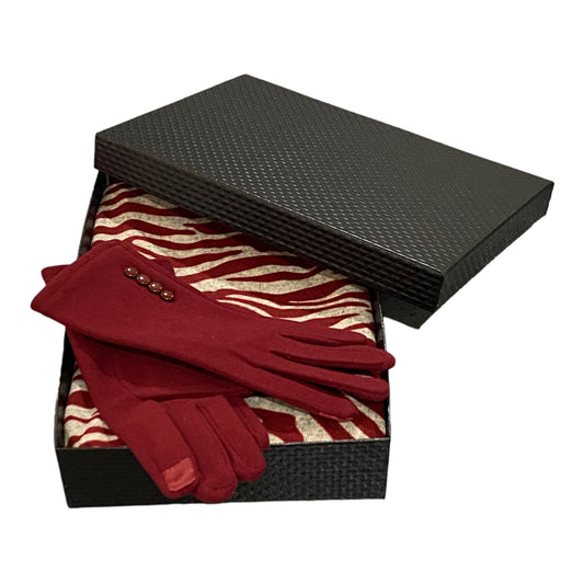 Burgundy Scarf & Gloves Boxed Set Infinity Scarves Zebra Print Super Soft Winter Scarves Faux Fur Trim Fleece Lined Gloves Women