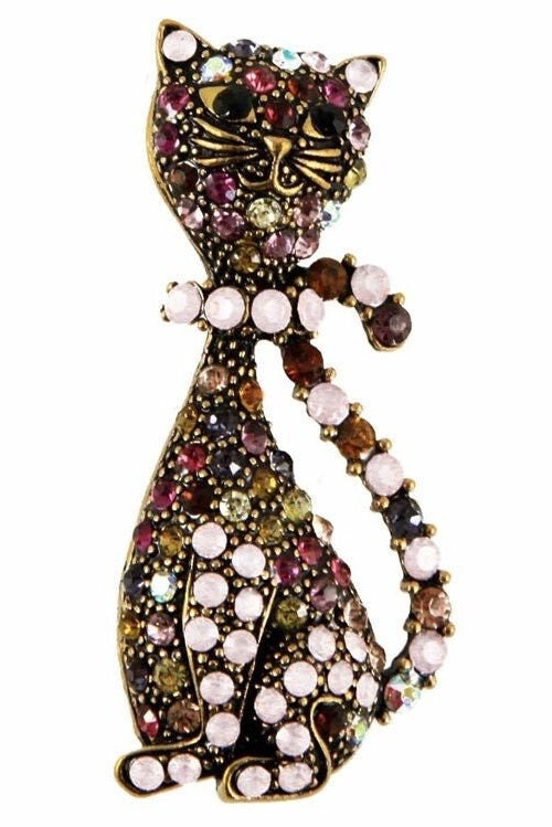 Cat Brooch Kitty Crystal Stones Hand Made UK Brooches for Women Bird Pin Badges Christmas Vintage