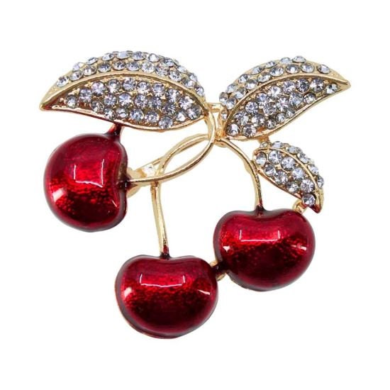 Cherry Brooch Pin Badge Gold Genuine Crystal Red Cherries Cute Gifts Mum Nan Mothers Day Christmas Gifts UK Seller