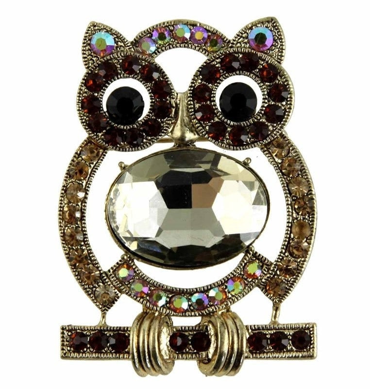 Owl Brooch Gold Crystal Stones Hand Made UK Brooches for Women Bird Pin Badges Christmas Vintage Wise Owl Teacher Gifts UK Seller