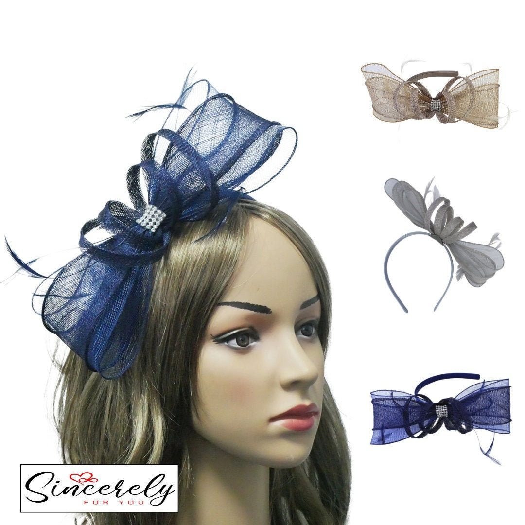 Navy Grey Beige  Fascinator Headband Wedding Ascot Sinamay Hat Hairband Small Fascinator Brooch Clip Mother Of The Bride Bridal UK Seller