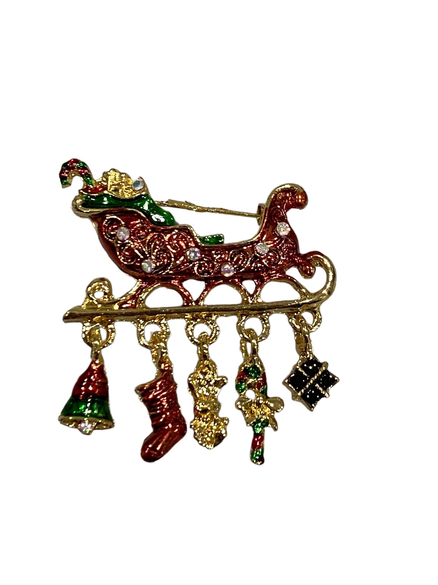 Christmas Brooch 2022 UK Seller Christmas Bells Santa Sleigh Reindeer Decorations Crystal Pin Badge Boxed XMAS Personalised Gifts Ladies