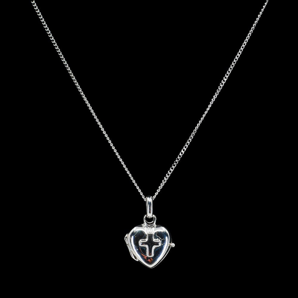 Sterling Silver Heart Holy Cross Embossed Locket Pendant Necklace Christening godparent Gift Women SincerelyForYou