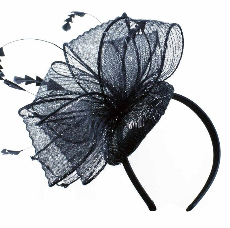 Black Silver Fascinator Wedding Ascot Sinamay Hat Hairband  Small Fascinator Headband  Clip Mother Of The Bride Bridal UK Seller