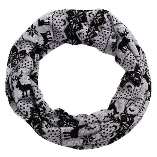 Loop Scarf Reindeer Fairisle Design Endless Infinity Scarf Ladies Winter Scarves For Women Teenagers Christmas Gifts UK Seller Grey Black