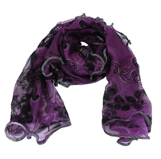 Evening Scarves Women Floral Design Velvet Lurex Detail Wedding Occassion Mother Of The Bride Purple Red Silver Pink Blue UK Seller