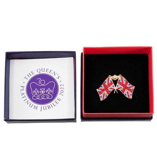 Queens Jubilee 2022 Platinum Jubilee  Boxed Diamante Double Union Jack Flag & Crown Brooch Gift Souvenir Party Gifts UK Seller