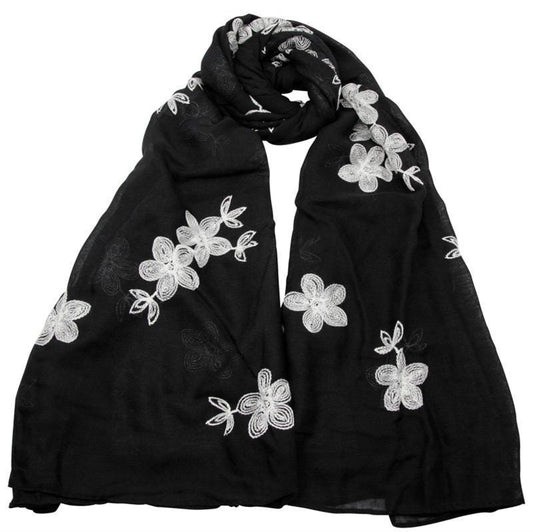 Flower Embroidered Maxi Scarf High Quality Cotton Feel Super Soft Scarves Christmas Birthday Gifts For Women Mum Nan Sister Friend  UK