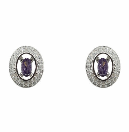 Amethyst Oval Stud Earrings Sterling Silver Cubic Zirconia Christmas Gift Birthday Present Thank You Gifts Women Mum Wife  Wedding Bridal