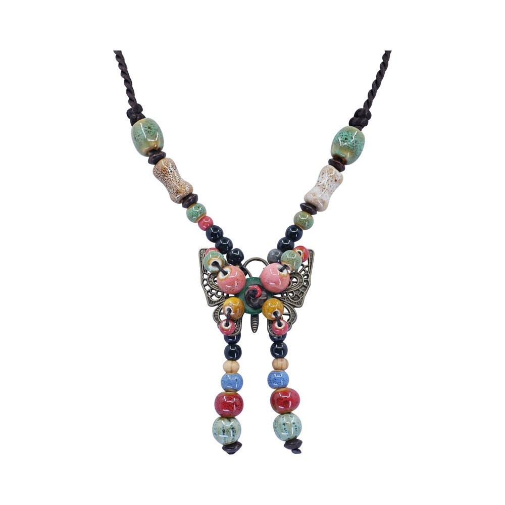 Ceramic Bead Necklace Butterfly Beaded Cord Pendant Women UK