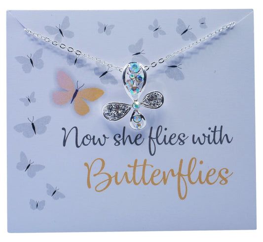 Memorial Necklace Butterfly Pendant  "Now She Flies With Butterflies” Boxed Gift Set Women Mum Daughter Sister Mothers Day Birthday Memorial