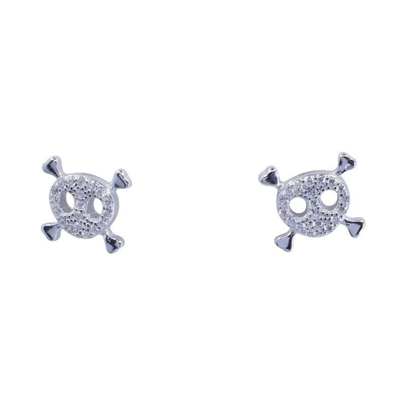 Skull And Cross Bones With CZ Diamond Stud Earrings Sterling Silver 925 Cubic Zirconia Diamond Studs Gift Present Stocking SincerelyForYou