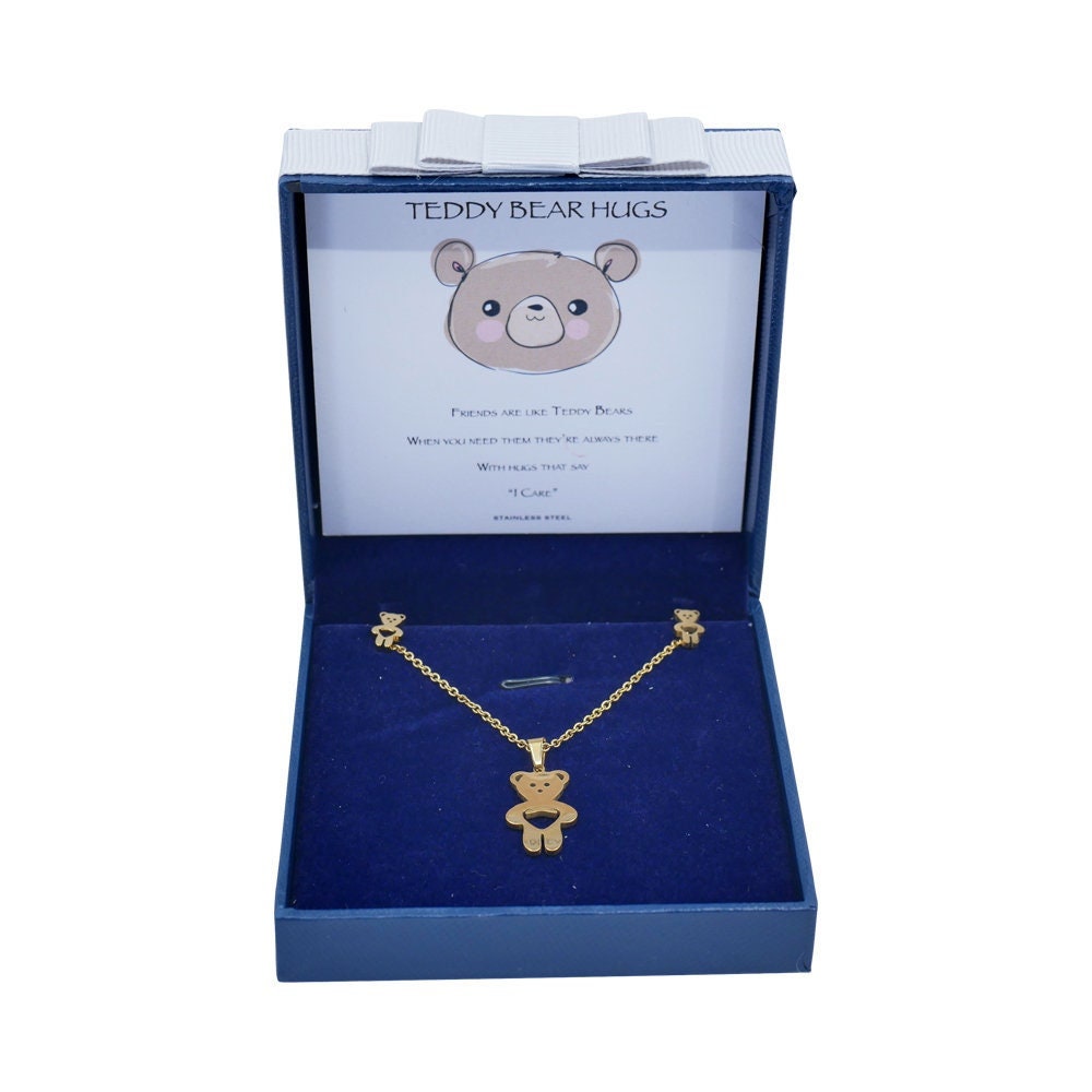 Teddy Bear Necklace Bear Hugs Stainless Steel Pendant Earring Set Keepsake Chrsitmas Birthday Friends