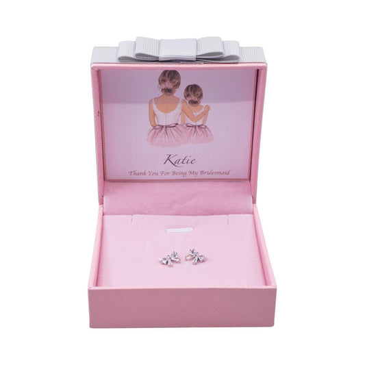 Silver Bridesmaid Thank You Gifts Personalised Gifts For Girls Silver Bow Earrings Bridal Wedding Flower Girl UK Seller Boxed Gift Set