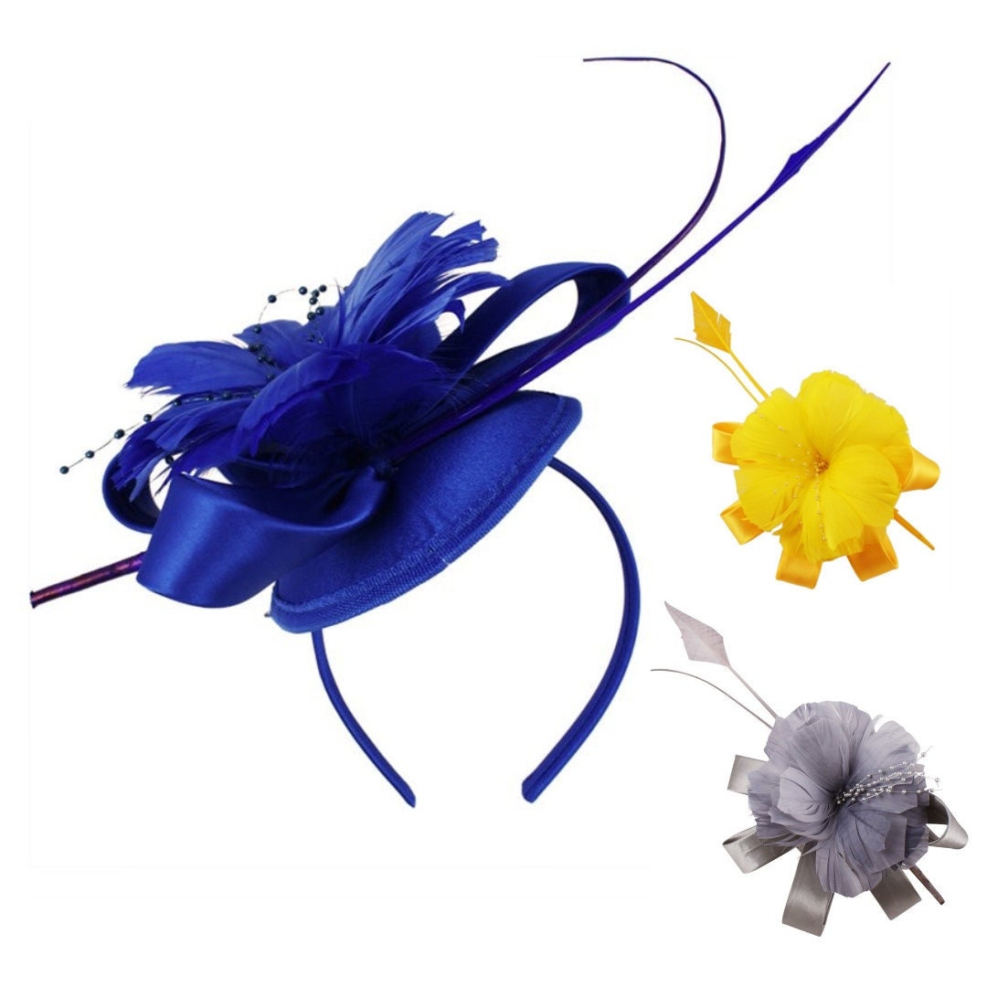 Blue Yellow Grey Fascinator Feather Flower Headband Wedding Ascot Hat Hair Small Fascinator Brooch Clip Mother Of The Bride Bridal UK Seller