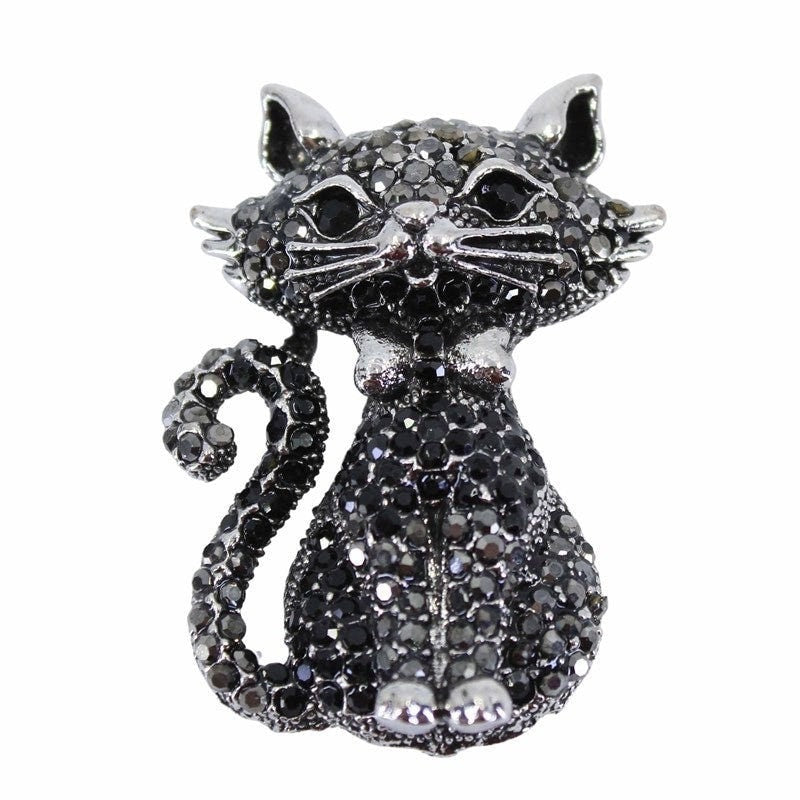 Cat Brooch Kitty Brooches Jet Crystal Stones Hand Made UK Brooches for Women Pin Badges Christmas Vintage