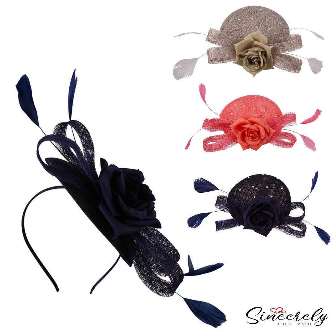 Navy Black Coral Beige Fascinator Headband Clip Wedding Ascot Hat Hair Small Fascinator Brooch Clip Mother Of The Bride Bridal UK Seller