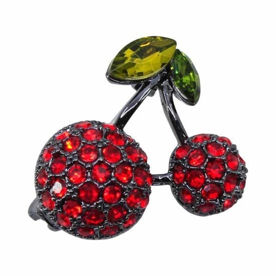 Red Cherry Brooch Pin Badge Gun Metal Genuine Crystal Red Cherries Cute Gifts Mum Nan Mothers Day Christmas Gifts UK Seller