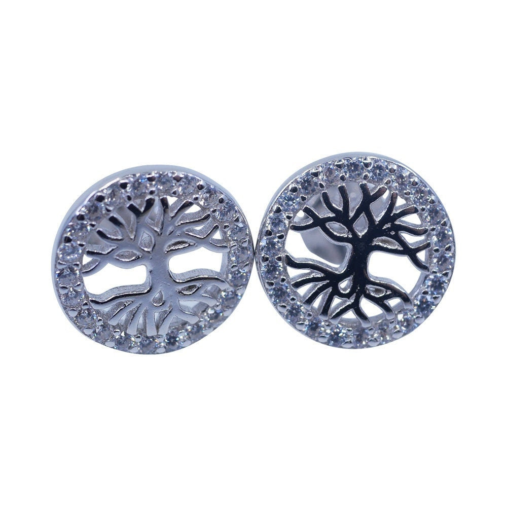 Tree of Life Sterling Silver CZ Diamond Stud Earrings Cubic Zirconia Present For Gift Women Girls Bridal Wedding Gifts UK SincerelyForYou