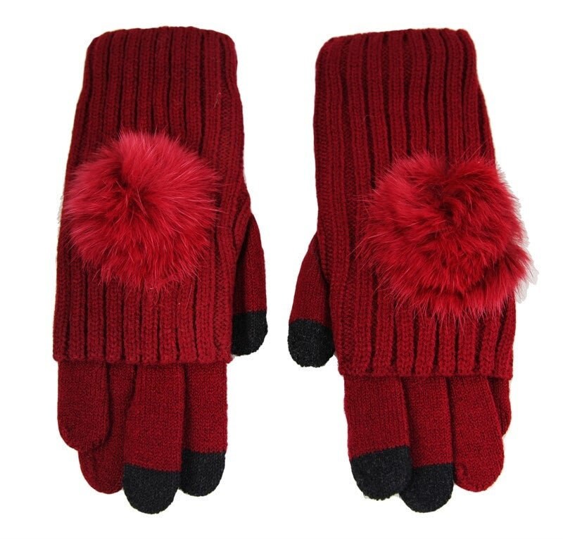 Fingerless Gloves 2 in 1 Women Pom Pom Gloves UK Seller Fancy Gloves Christmas Gifts Mum Nan Sister Friend Comfy Warm  Red Black White Grey