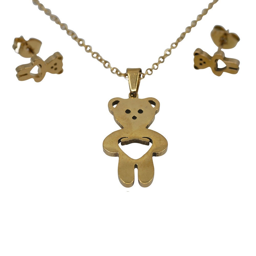 Teddy Bear Necklace Bear Hugs Stainless Steel Pendant Earring Set Keepsake Chrsitmas Birthday Friends