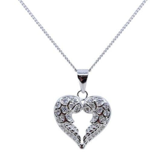 Silver Clear CZ Heart Angel Wings Pendant UK Seller On 18” Curb Chain Necklace Gift Birthday Present Christmas ValentinesDay SincerelyForYou