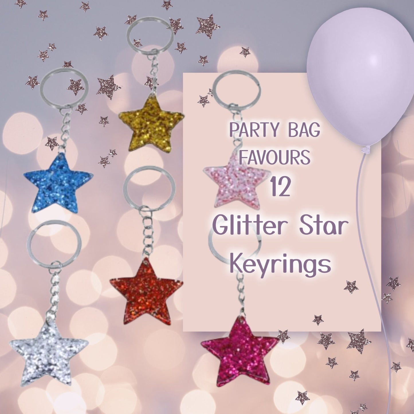 12 Pack Glitter star keyrings party favours girls boys birthday party bag filler